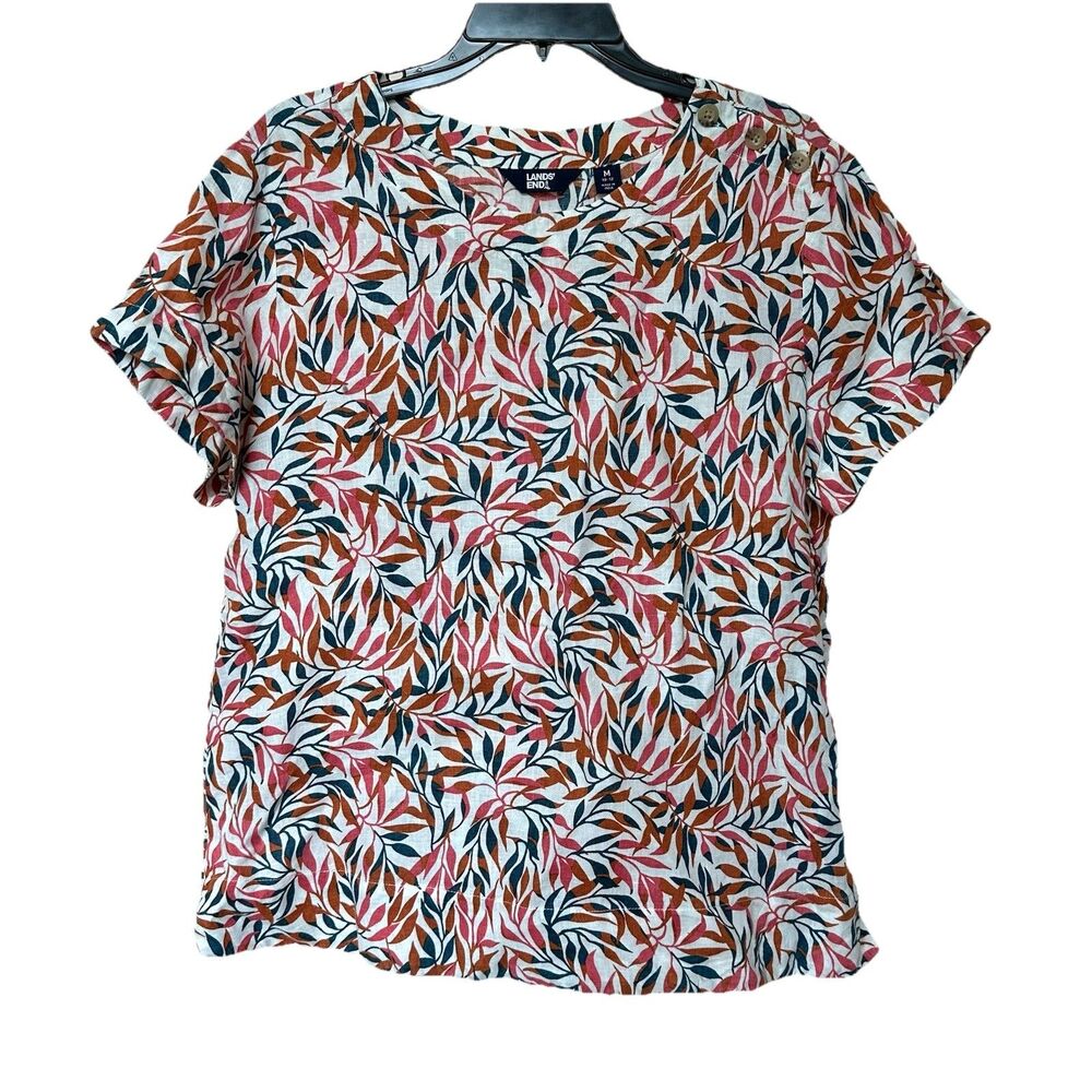 Linen Lands End Top Women's Med Short Sleeve Round Neck Tropical Resort Boxy